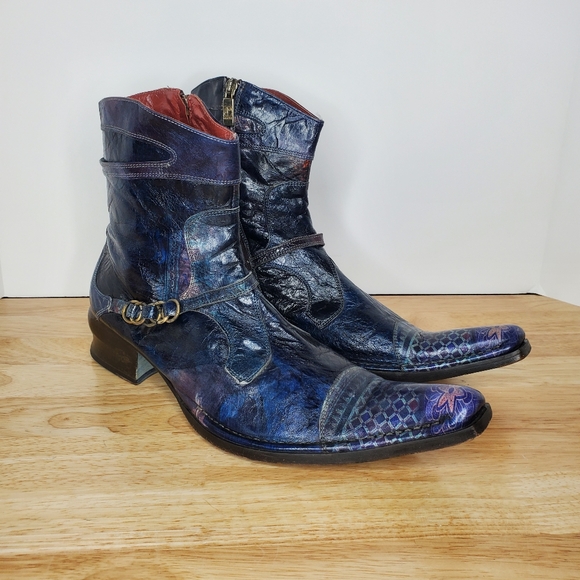 Jo Ghost Leather Boots Mens 44 US 11 Pointed Toe Zip Blue Floral